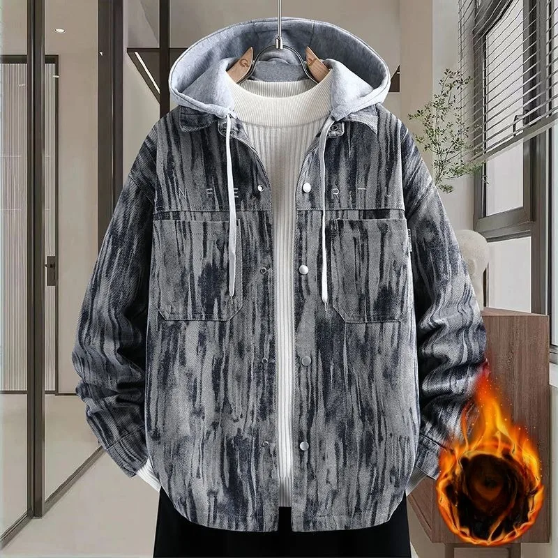 

Утолщенная флисовая куртка для подростков, мужская осенне-зимняя новая стильная крутая джинсовая куртка для младших классов средней школы, старшеклассников