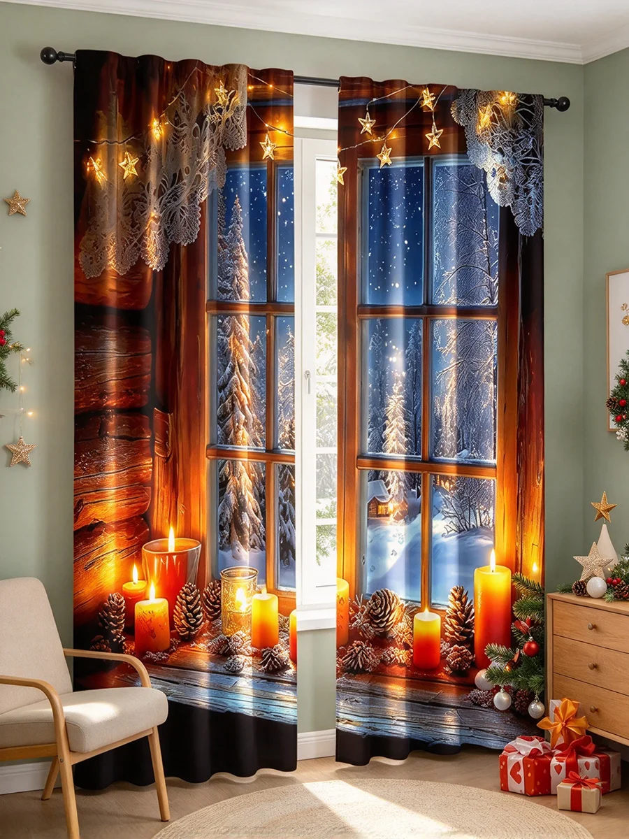 2PCS Christmas Curtains, Window Scene Candle Gift Box Bow Pattern Printed Curtains, Warm Style Window Decoration, Home Decor