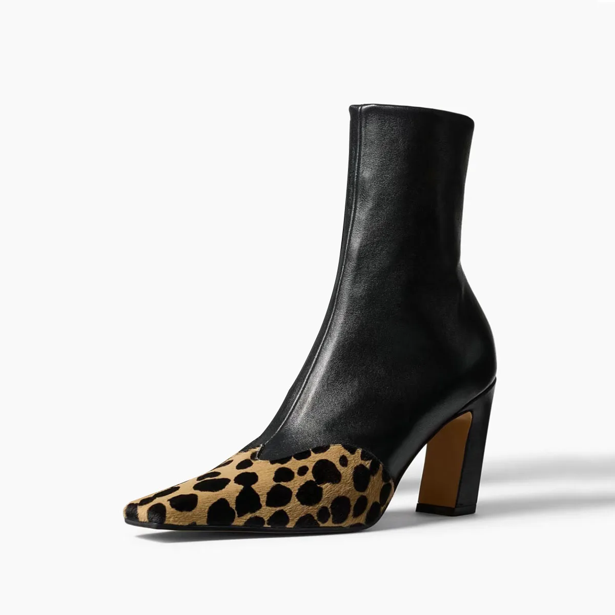 Arden Furtado otoño pelo de caballo de leopardo colores mezclados botas cortas punta cuadrada cremallera lateral tacones gruesos botas modernas de gran tamaño