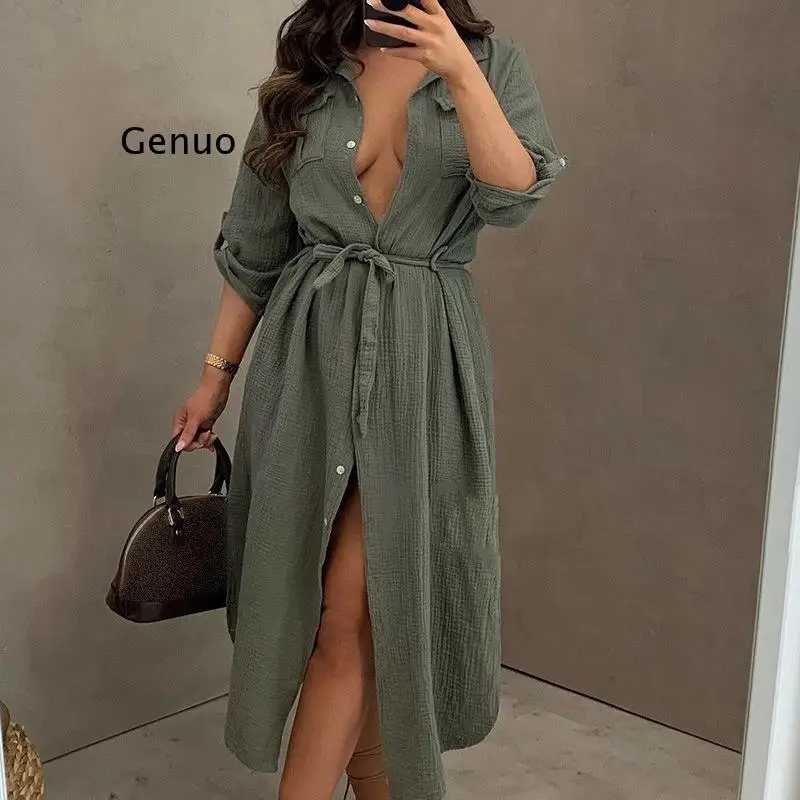 Women Summer 2021 New Loose Casual Button Pockets Mid-Calf Dress Fashion Black Sexy Shirt Dress A-line Midi Dress Clothing Women