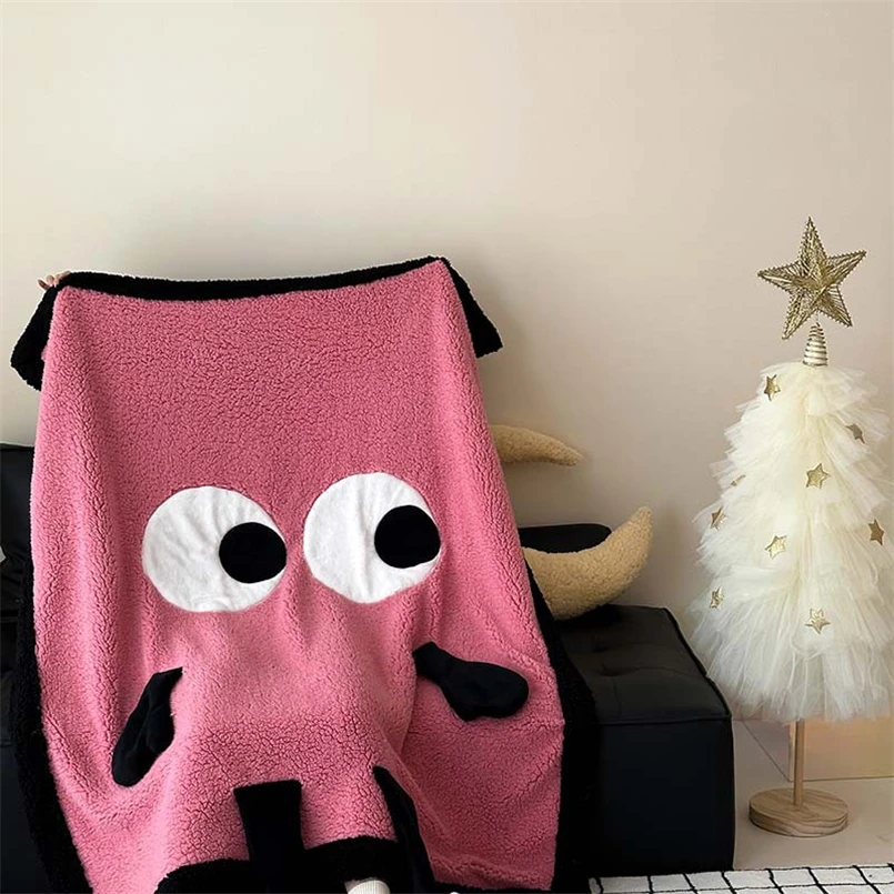 Cute Big Eyes Embroidered Lamb Fleece Blanket Warm Cartoon Casual Sofa Blanket Skin Friendly Soft Shawl Cover Blanket