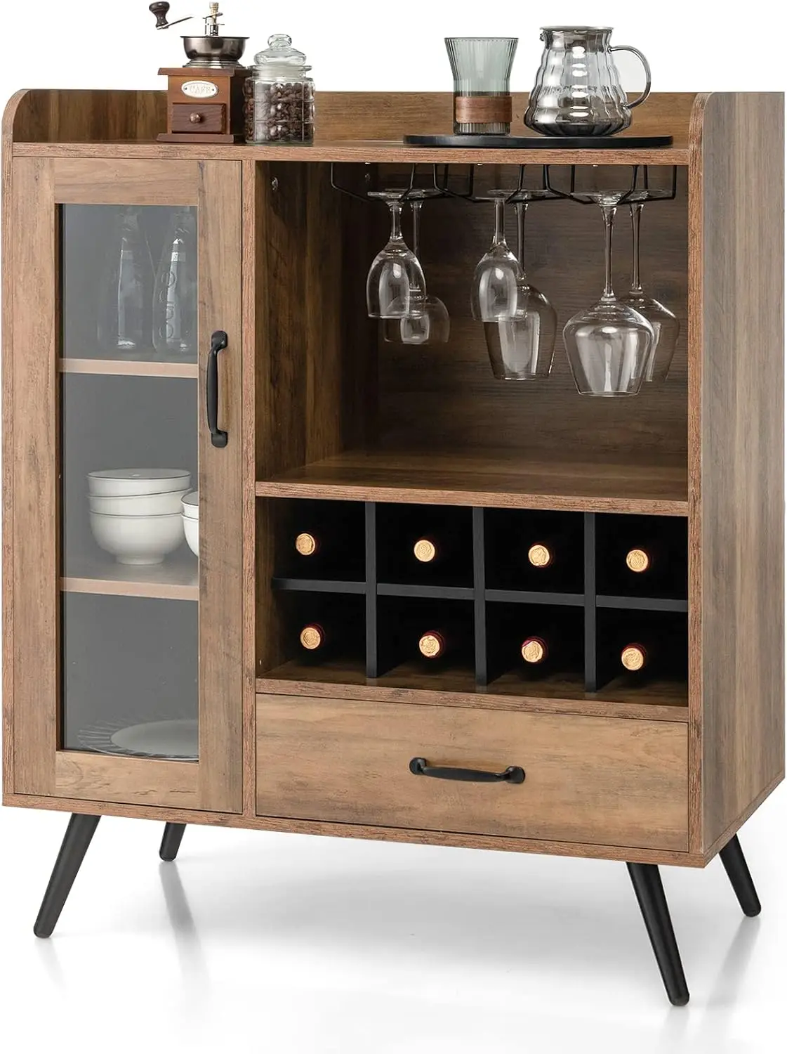 

Bar Cabinet with Wine Rack, Coffee Bar Buffet Cabinet with Storage, Drawer, Glass Holder, Cupboard Wood Sideboard for