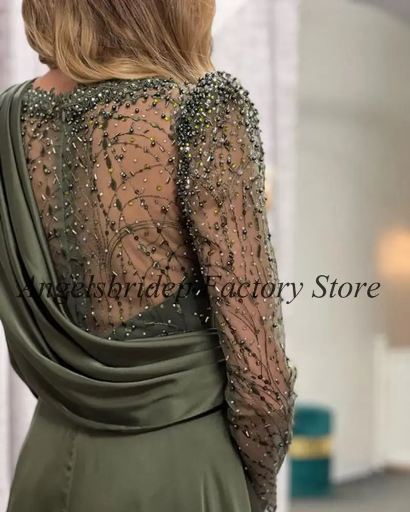 Angelsbridep Green Mermaid Prom Dresses Long Sleeves Beaded Saudi Arabia Elegant Dress Women For Wedding Party Evenign Gowns