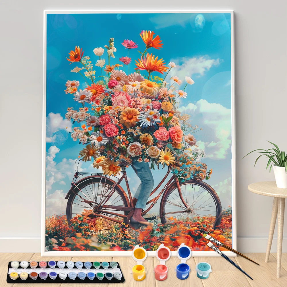 Painting by Numbers Kit Hand Paint Blue Sky Bicycle With Flower Scenery DIY Painting Acrylic Artwork Art Gift Home Decoration