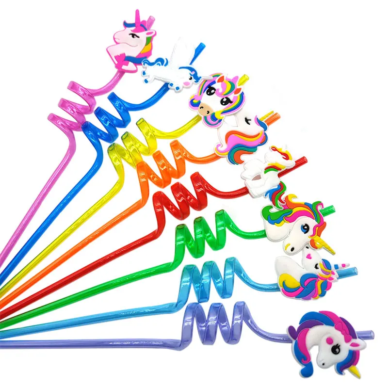 8pcs Unicorn Theme Spiral Plastic Drinking Straw Reusable Unicorn Straws for Kids Baby Shower Birthday Party Decor Souvenirs