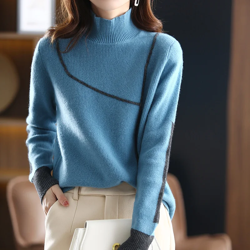 100% Wool Cashmere Sweater Autumn/Winter 2022 New Women\'s High Neck Pullover Casual Color Matching Female Jacket Knitted Tops