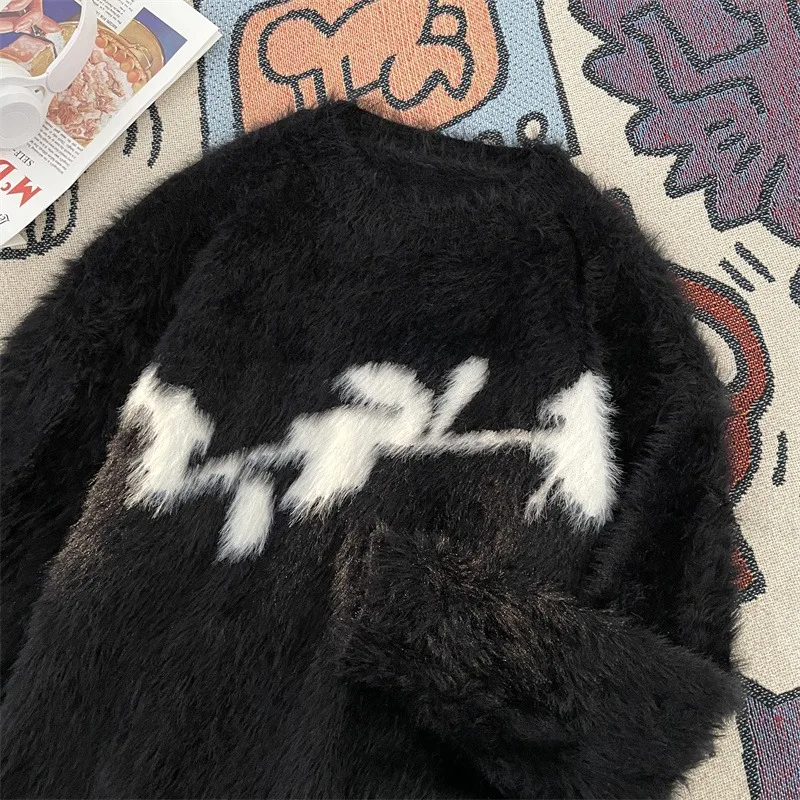 

Rose Embroidered Mink Sweater Loose Fit ex Vintage Sle Knitted Winter Faion Soft round Ne Long Sve Thermal Top