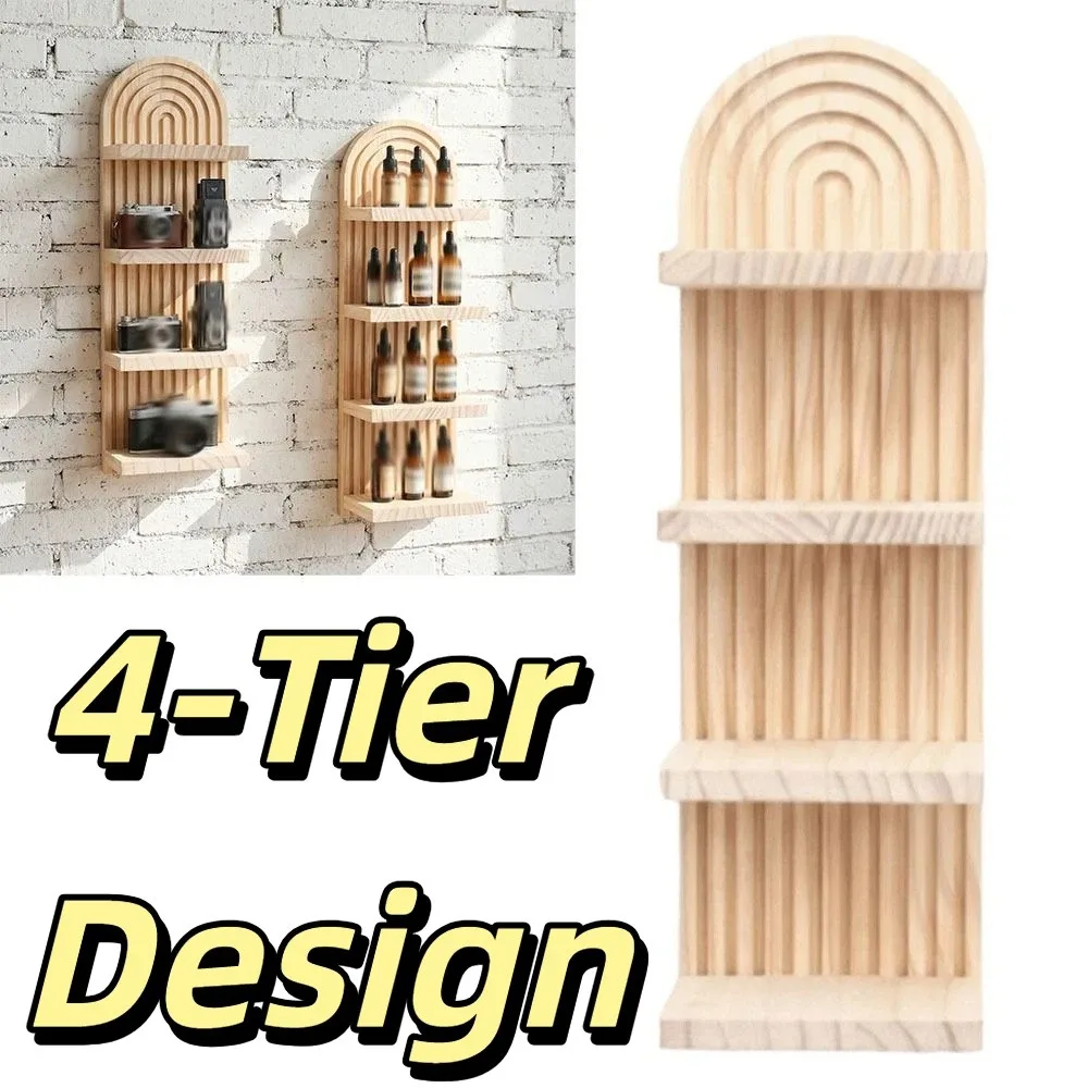 

4-Tier Design Wooden Wall Shelves Oval Threaded Geometric Boho Style Rack Natural Vintage Artistic Wooden Stand Wall Decoration