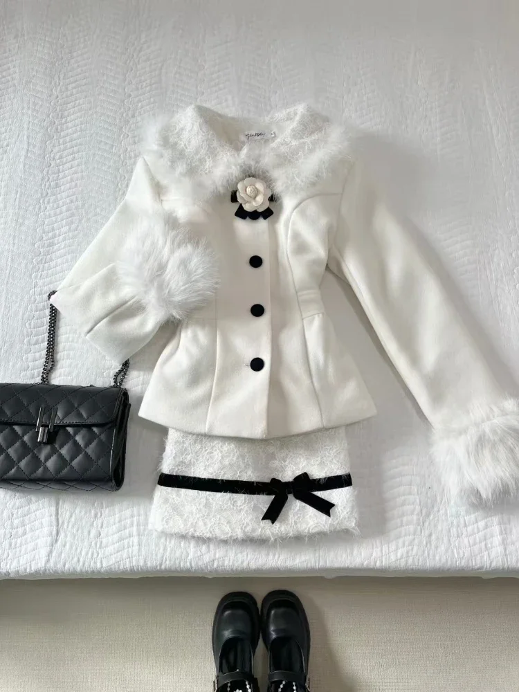 Winter France Elegant Slim 2-piece Set Women Korean Fashion Long Sleeve Thin Lapel Coat Female + Design Chic Bow Skirt Suit New