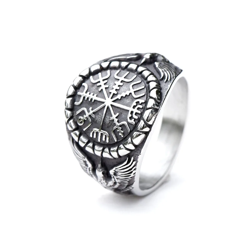 New Fashion 316L Stainless Steel Unique Viking Compass With Eagle Ring For Man Women Biker Jewelry for gift free shipping
