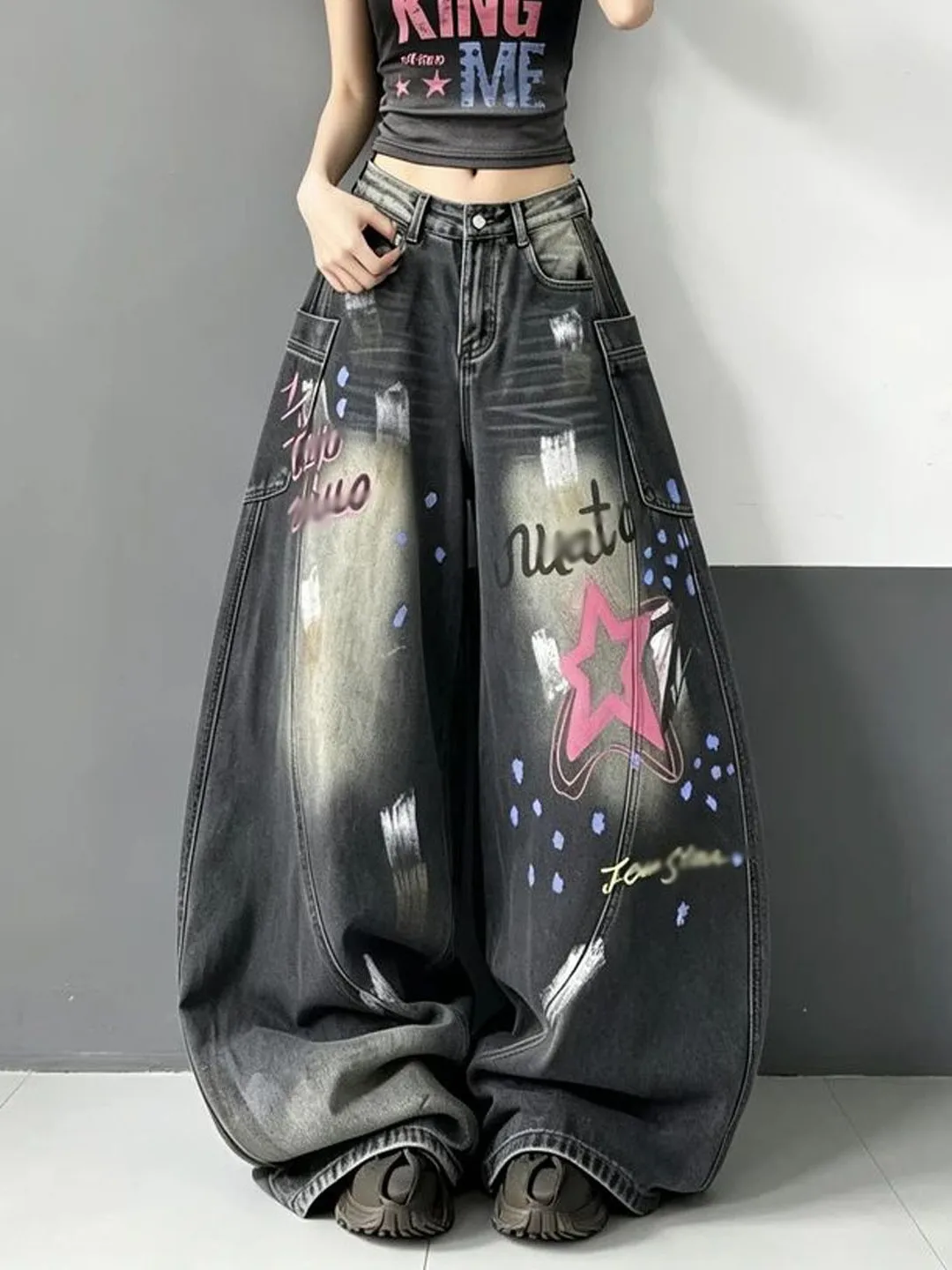 American Street Style Printed Wide Leg Jeans High Waist Bootcut Denim Pants Fall Collection Slimming Effect Trendy Women