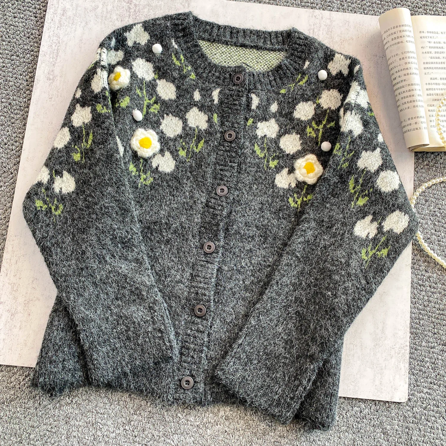 

3D Floral Round Neck Sweater Jacket Women's Autumn Winter New Soft Glutinous Plush Knitted Cardigan Versatile Slim Sweaters