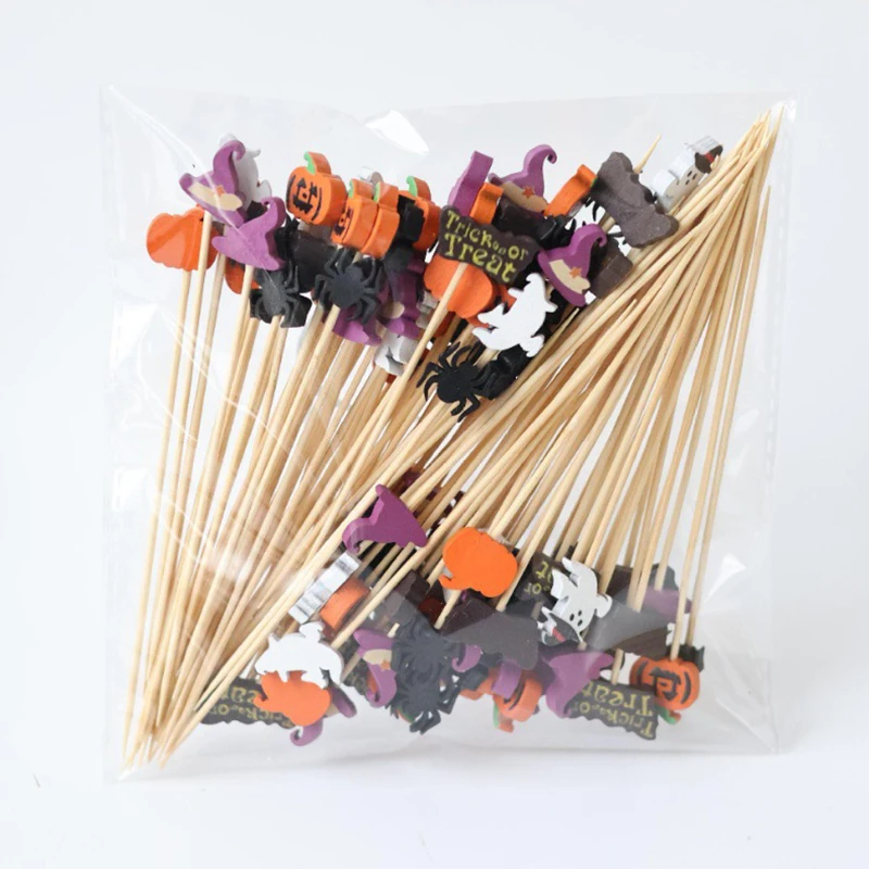 100Pcs Cartoon Pumpkin Ghost Witch Hat Disposable Bamboo Food Picks Dessert Fruit Forks for Halloween Theme Party Decoration - view 5