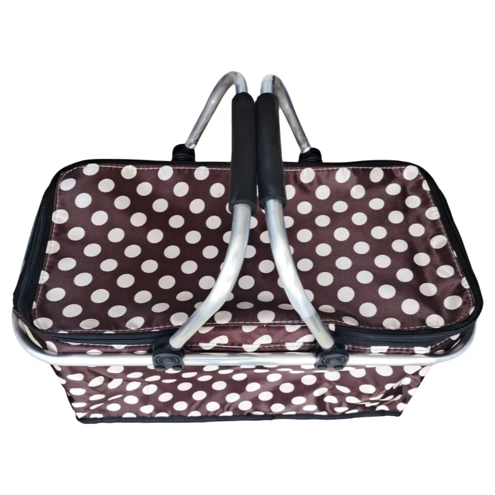 Satin Fabric Insulated Picnic Basket Insulated Lining Polka Dot Pattern Insulated Lunch Bag Zipper Closure Portable Handles