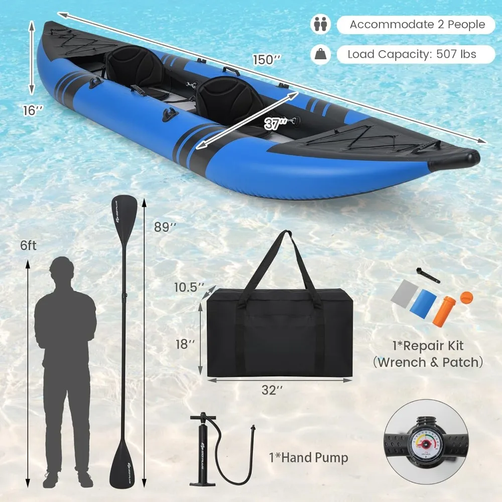 Inflatable Kayak, 2-Person Kayak Set for Adults with 507 LBS Weight Capacity, 2 Aluminium Oars, EVA Padded Seat, 2 Fins