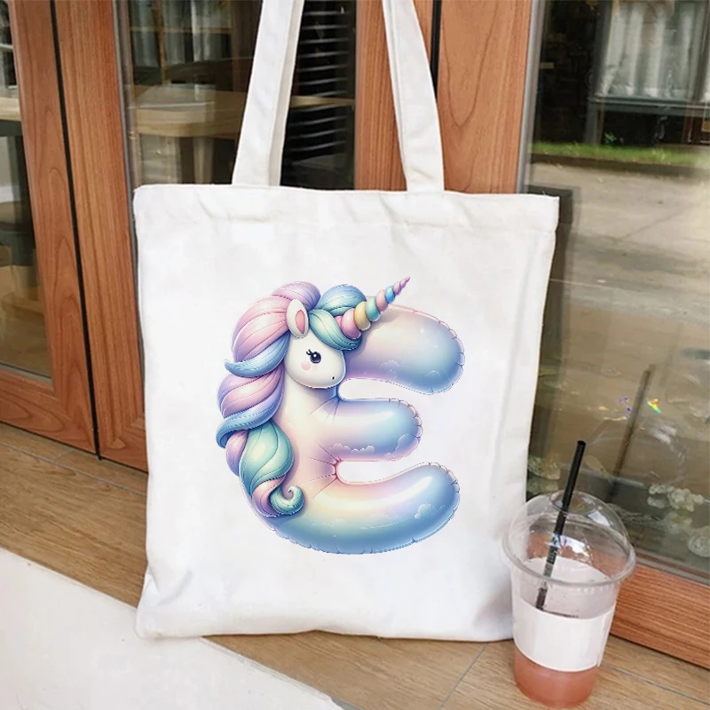 Unicorn Graphic 26 Alphabet Canvas Shoulder Bag donna A-Z lettere Shopping Bag Vintage Fashion Casual Teenager Tote Commuter Bag