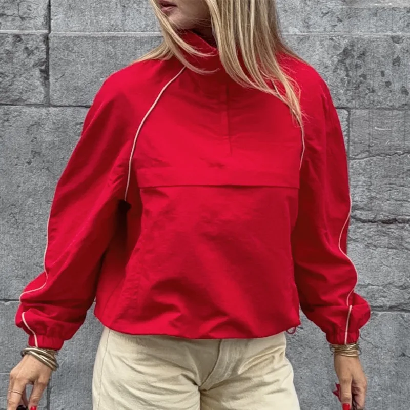 Womens High Neck Color Block Zip Up Jacket Vintage Lantern Sleeve Drop Shoulder Drawstring 2026 New Trendy Office Chic Versatile