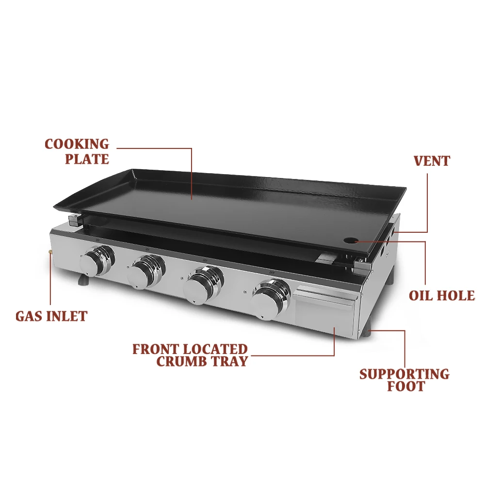 ITOP-Plancha LPG para barbacoa, superficie antiadherente, placa de hierro fundido esmaltado, 4 quemadores, área amplia de cocina, exterior