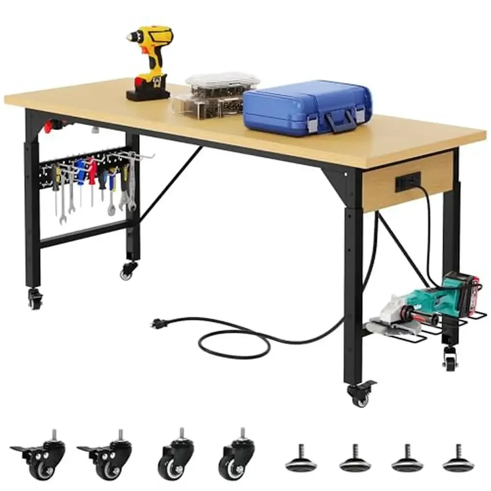 Adjustable Height Tool Bench Table w/Charging Ports & Storage Hooks 1600 lb Capacity Wheels Hardwood Shelf