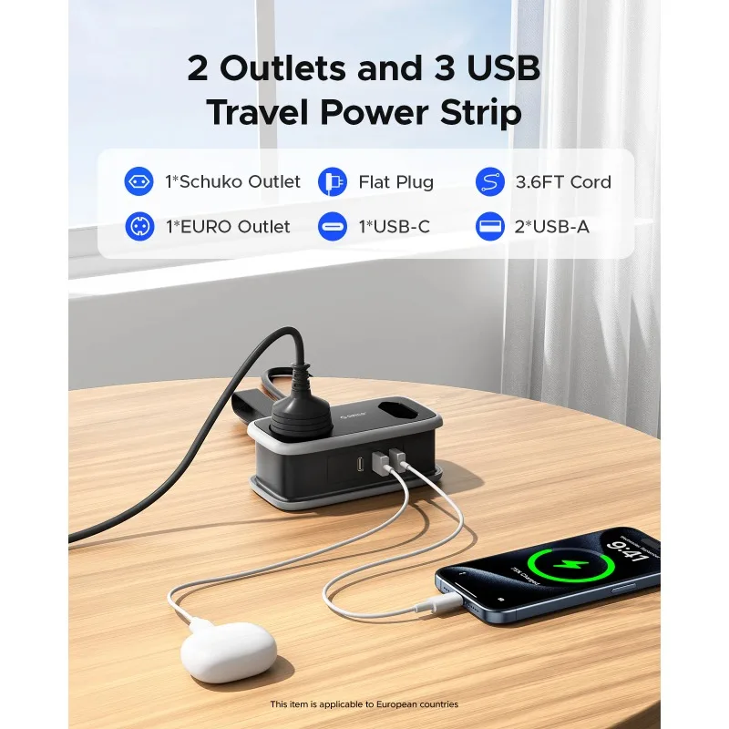 EU Plug Power Strip with 2AC 3USB Port with 1.1M Extension Cable 5-In-1Travel Smart Socket for Home/Travel Save Space