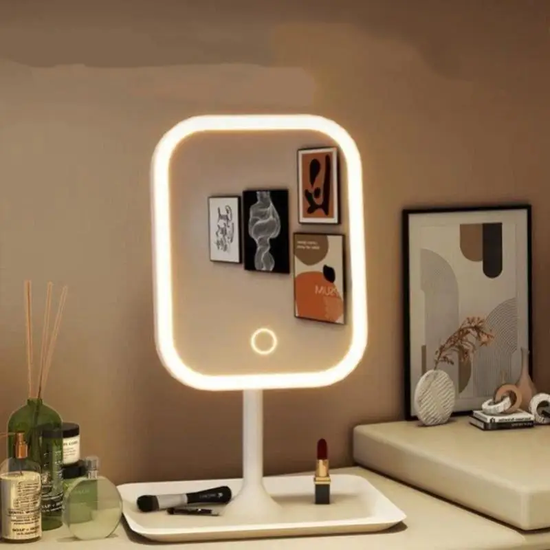 【IIOO】Unique Designer Vanity Mirror Three ColorsLEDLight Makeup Mirror Touch Control Desktop Mirror Bedroom Makeup Mirror