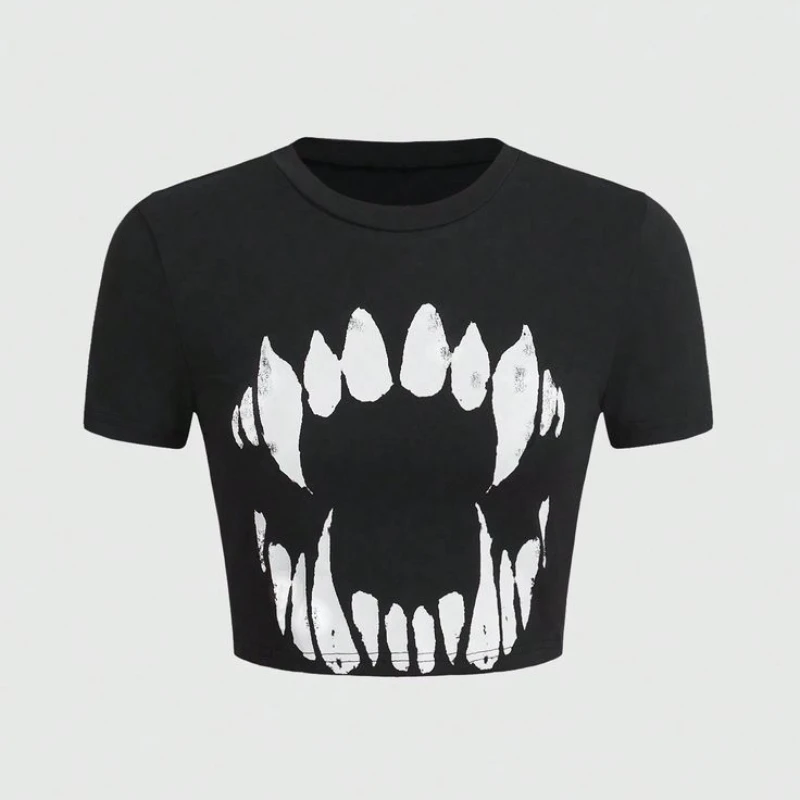 

Women's Italian printed Gothic short jacket street wear Grunge retro casual black short sleeved T-shirt Y2k clothes 2025