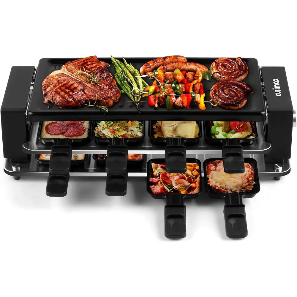 Raclette y Parrilla Eléctrica Portátil con Placa Antiadherente y Control de Temperatura Ajustable para 8 Bandejas de Queso