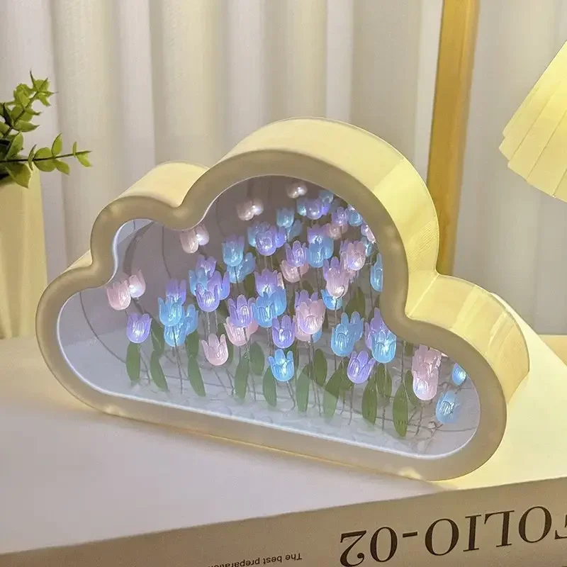 DIY Cloud Tulip Night Light Handmade Material Flower Home Decor Mirror Creative Atmosphere Lamp Valentine\'s Day Birthday Gift