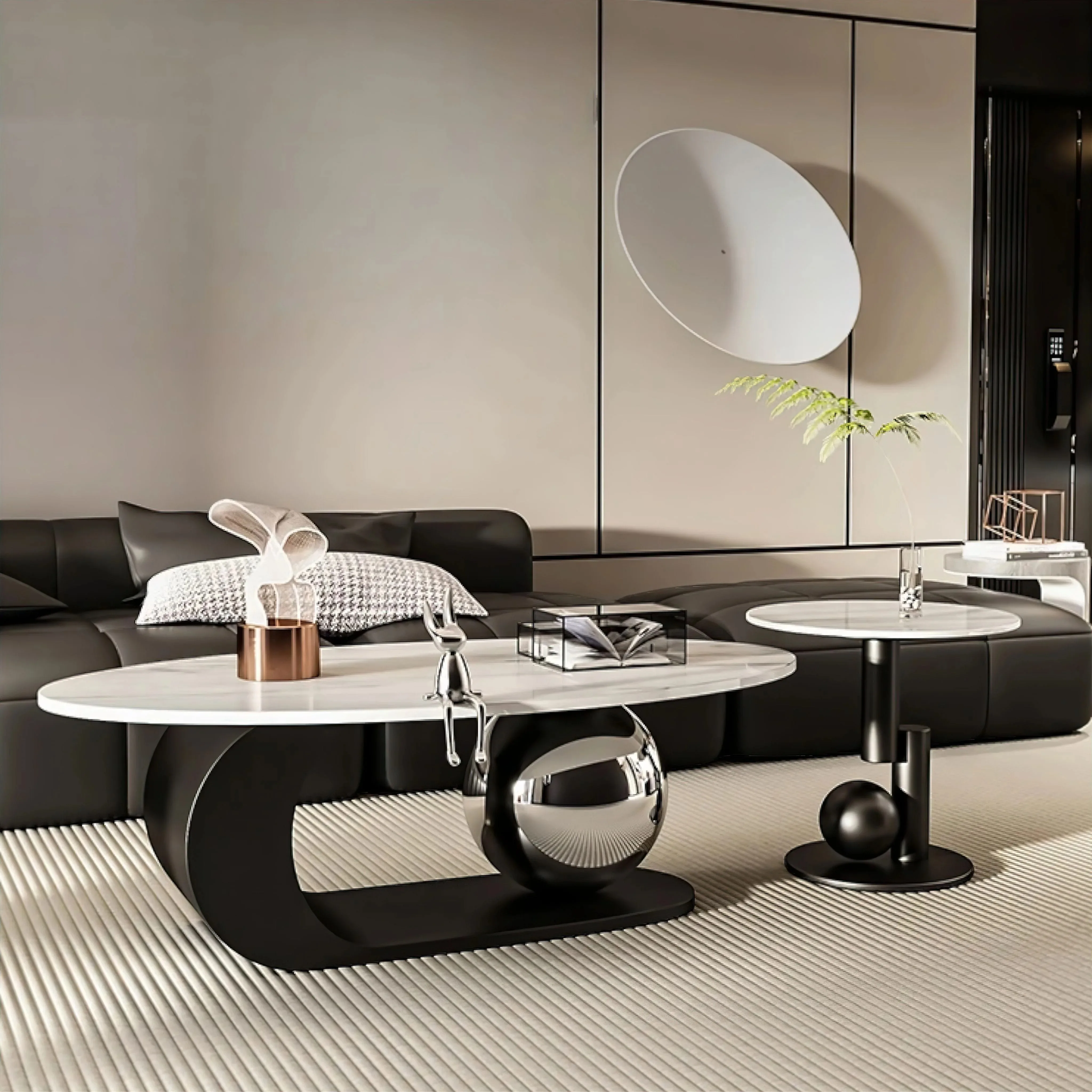 Custom Luxury Metal Steel Frame Sintered Stone Center Table Oval Shaped End Table for Living Room Modern Design Coffee Table Set