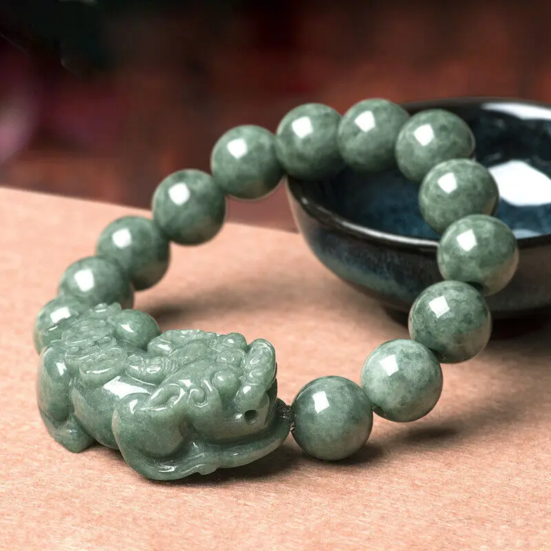 Men's Natural A-Grade Jade Lucky Pixiu Hand String Ice Beaded Bracelet