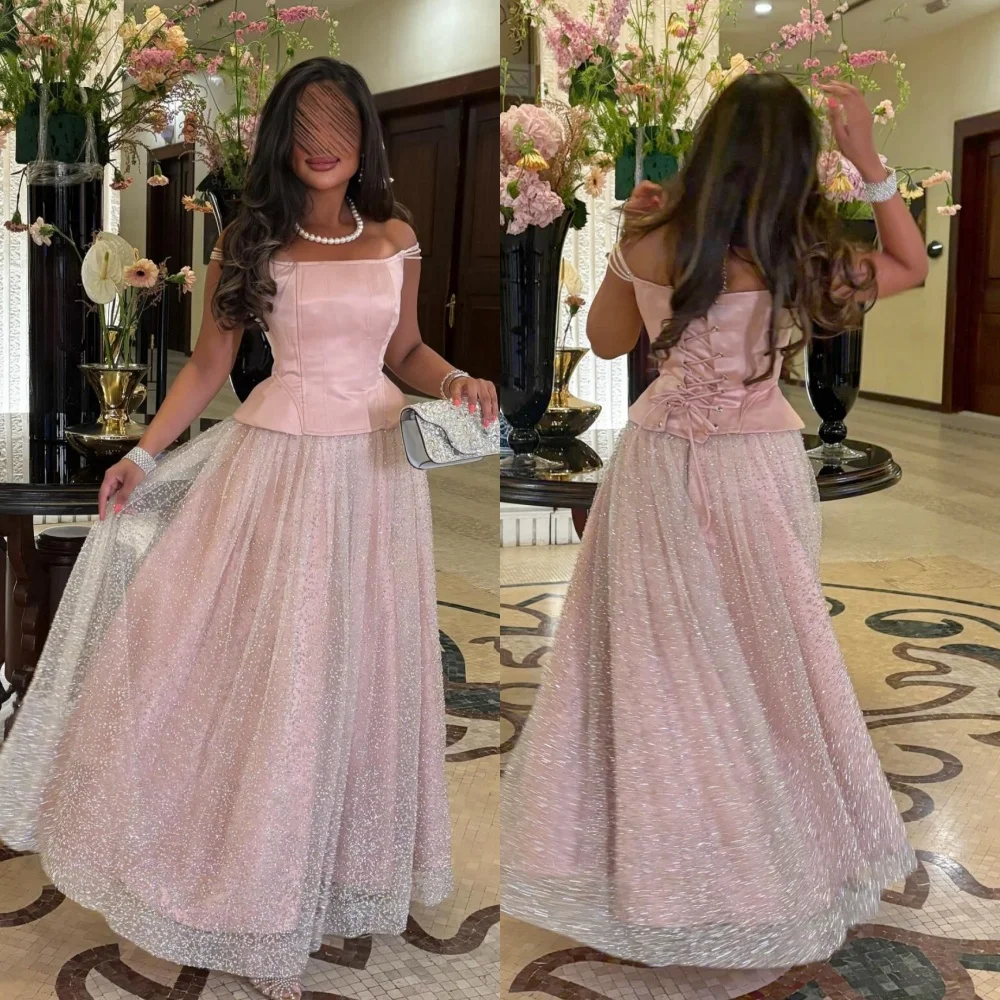 

Customized Charmeuse Sequined Sparkle Lace-up Off-the-shoulder A-line Long Dresses Bespoke Occasion Luxury Evening Party Elegant