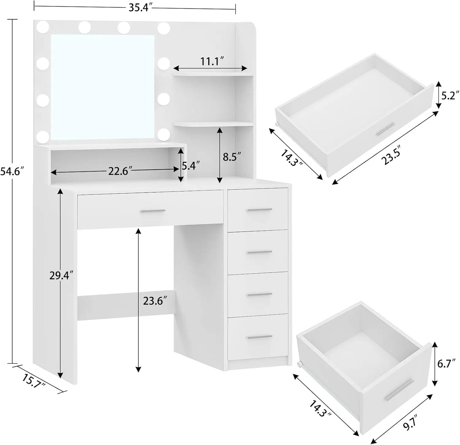 Vanity Desk with Mirror & Lights, Vanity Desk with 5 Drawers & Storage Shelves, Vanity Table, 3 Color Modes & Adjustable