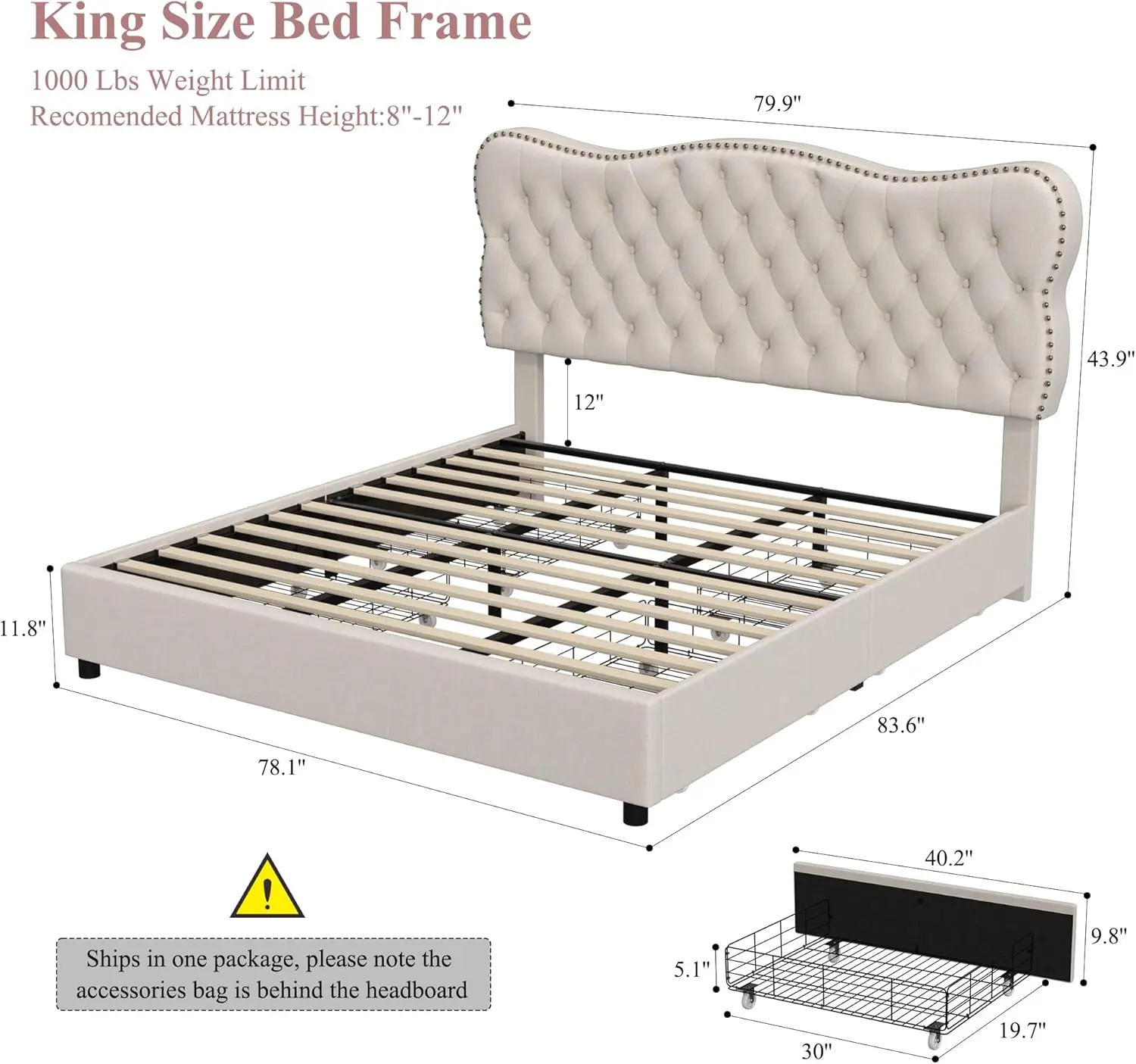 Cadre de lit King Stack pour salle de bain, 4 égouts de proximité de stockage, cadre de lit à plateforme avec bouton, planche de sauna touffetée, matelas rapDuty