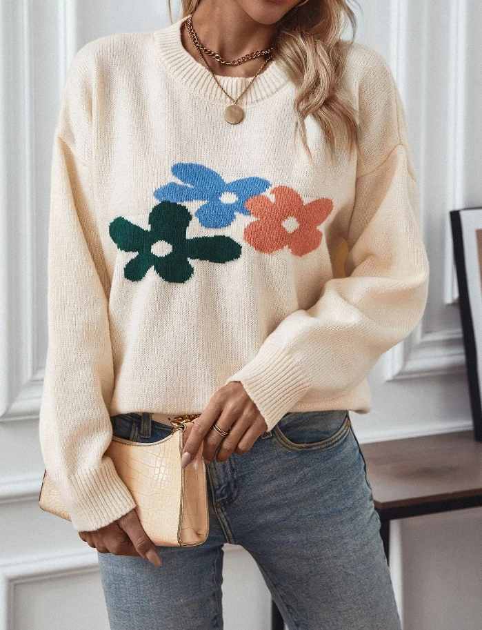 Autumn and Winter In Stock Fashionable Women's New Product Flower Print Loose Round Neck Long Sleeved Knitted Sweater Pullover