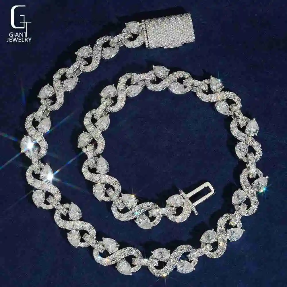 Hop Hip Jewelry 13MM Pear Cut Moissanite Chain 925 Sterling Silver Moissanite Iced Out Infinity Symbol Cuban Link Chain Necklace