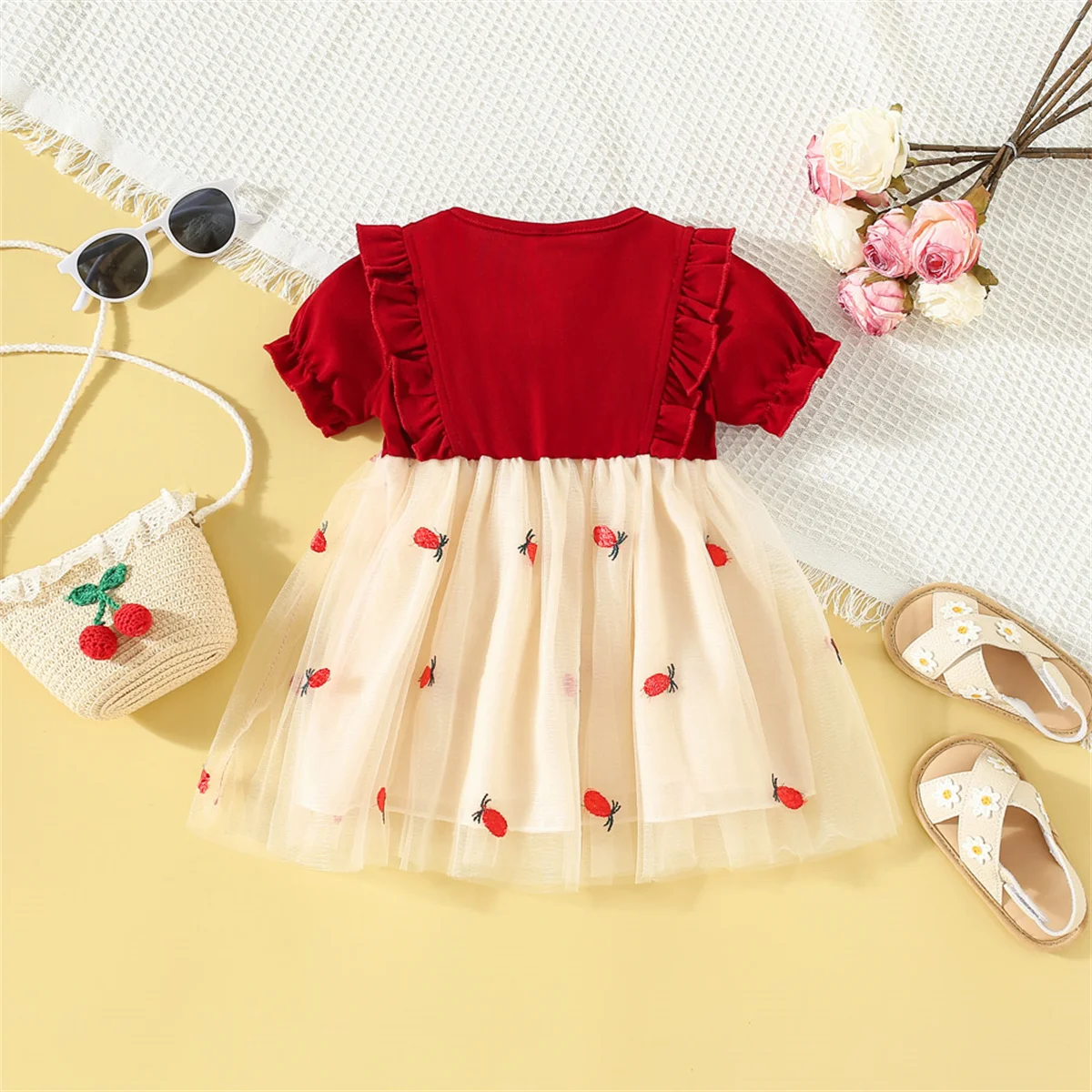 Baby Girl Newborn Clothes Cotton Red Short Sleeve Mesh Dress Baby Girl Korean Style Sweet  Birthday Dress for Kids Girl