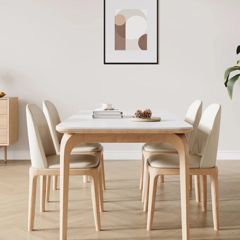 

Cream style log pure white slate dining table and chairs for small household use ash rectangular rice table