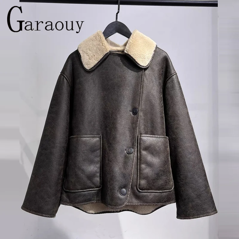 Garaouy Woman Retro Faux Leather Jacket Female Streetwear Turn-Down Collar Long Sleeve Pocket Single Breasted Winter Thick Coats