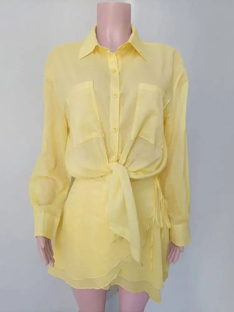 Casual 2 pezzi-set estate femminile copricostume e minigonna arricciata con lacci vacanza al mare abiti da donna larghi trasparenti