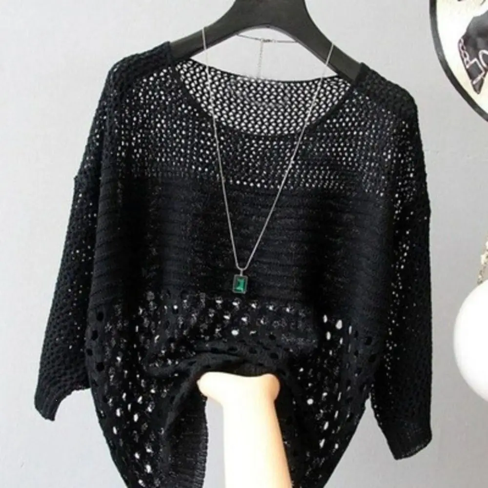 Fashion Hollow Out Knit Sweater Round Neck Batwing Sleeve Crochet Pullover Crochet Knit Lightweight Hollow Out Top Casual Daily