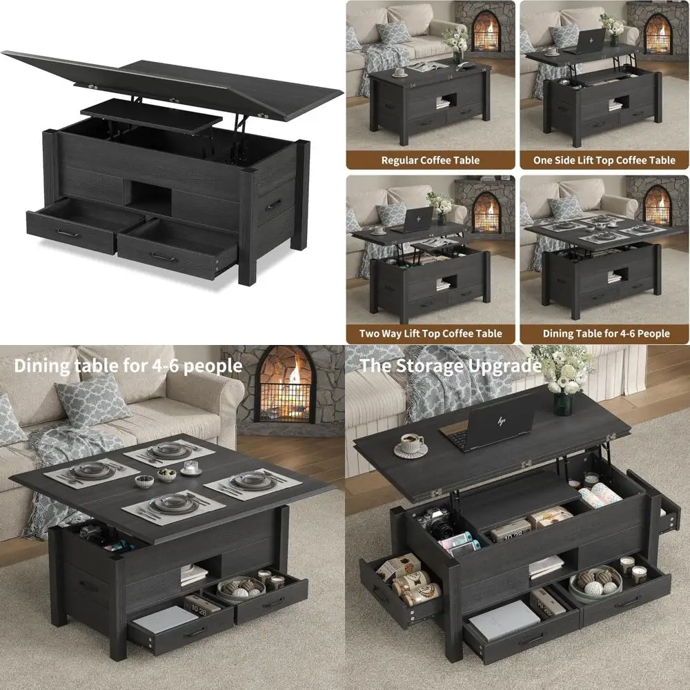 Multi-Function 39.4 Lift Top Coffee Table with 4 Storage Drawers, Hidden Compartment, Wood Center Tab, Versatile Space-Saving Fu