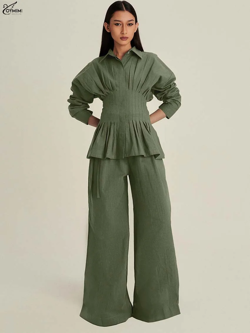 

Oymimi Fashion Green Cotton Two Piece Outfits Woman Elegant Long Sleeve Pleated Button Shirts And Pockets Full Length Pants Sets