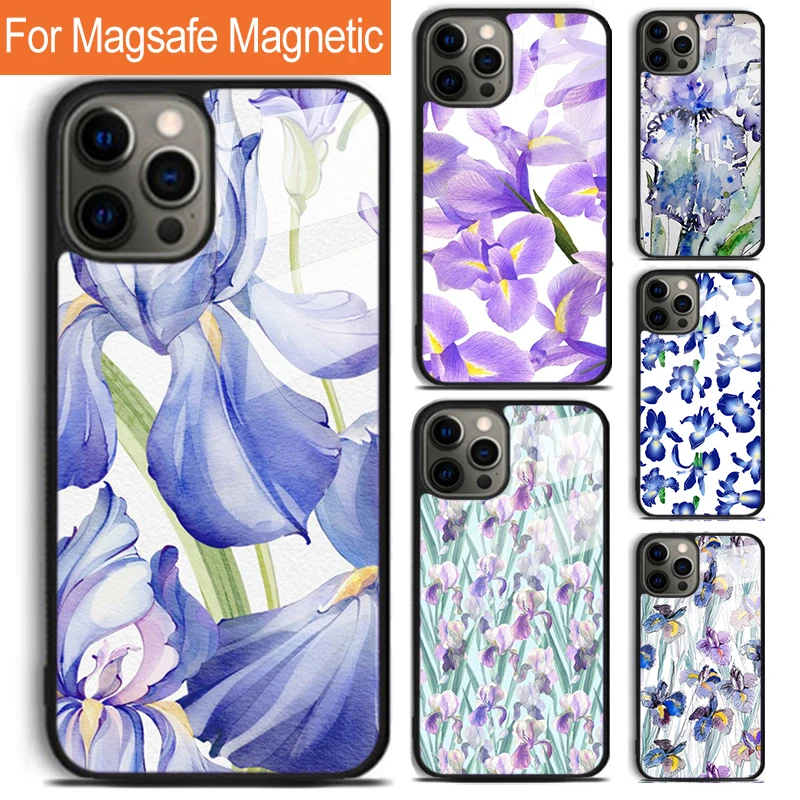 Blue Iris Flower Phone Case For iPhone 16 15 14 13 12 11 Pro Max Plus Magsafe Magnetic Wireless Charging Cover