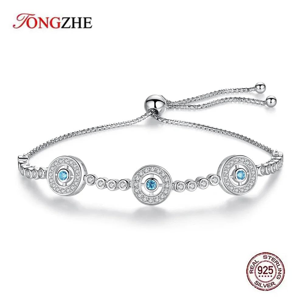 TONGZHE 925 Sterling Silver Bracelet Evil Eye Lucky Hamsa Bracelets For Women Luxury Round Blue Eyes CZ Tennis Men Jewelry