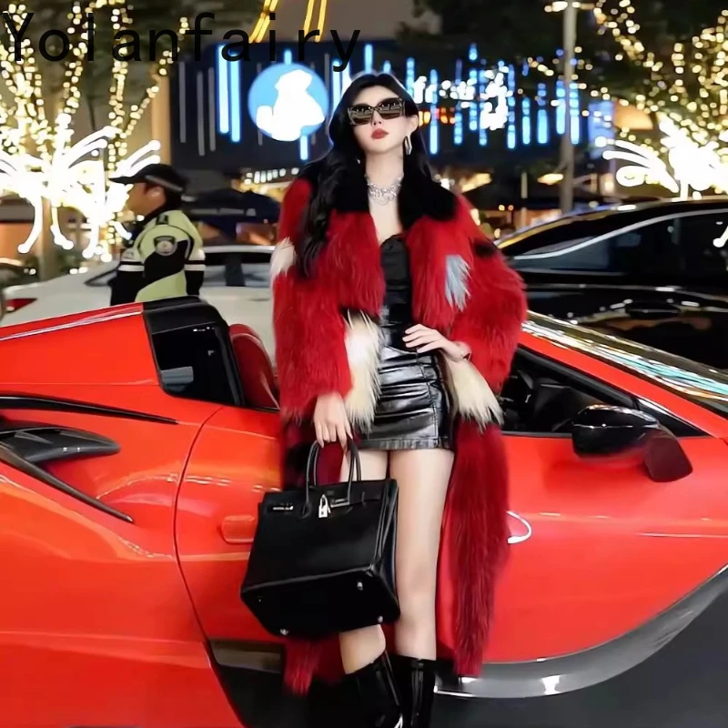 YOLANFAIRY 秋冬 輸入フォックスファー カラーブロッキング ファーメッシュ レッドカバー 通勤スタイル ロングオーバーコート 女性用コート 2025