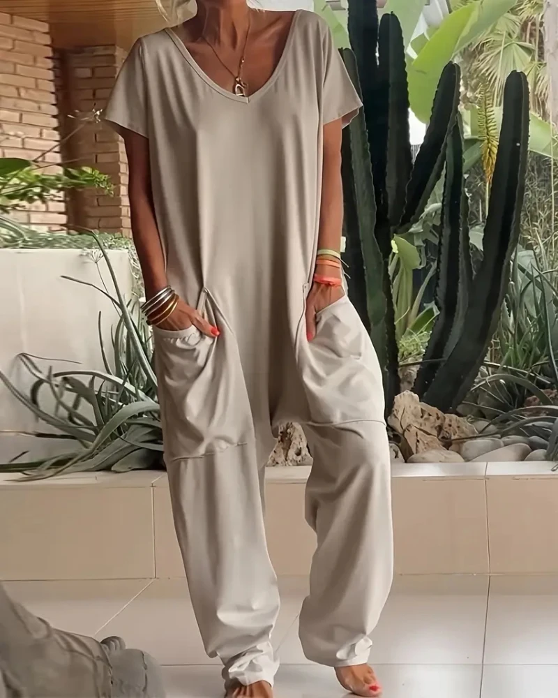 

Casual Jumpsuit Woman 2025 Loose V-Neck Short Sleeve Pocket Jumpsuit Summer Casual Womens Loose Wide Leg Jumpsuit Woman Clothing