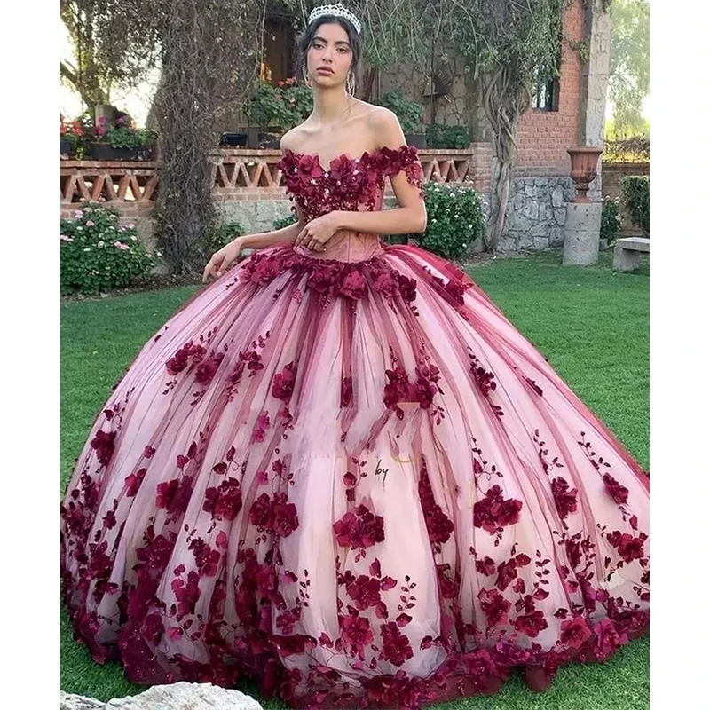 

Quinceanera Princess Dress Off Shoulder 3D Applique Adult Dress Prom Dress Elegant Tulle Train Robe Party Graduation Dress