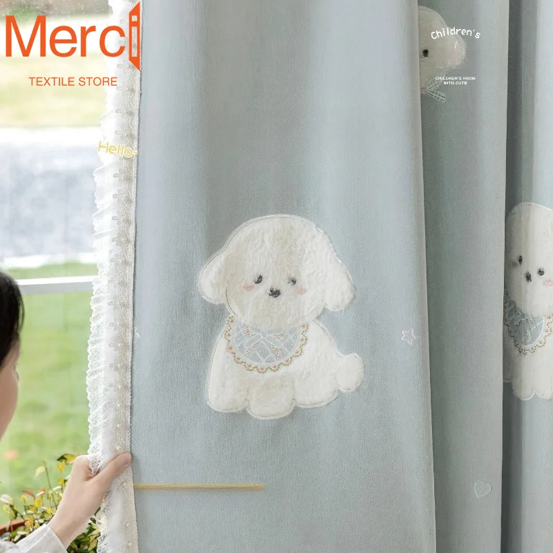 Children's Room Curtains Blackout Cute Puppy Embroidery Curtains for Living Dining Room Bedroom Custom Size White Tulle Drapes