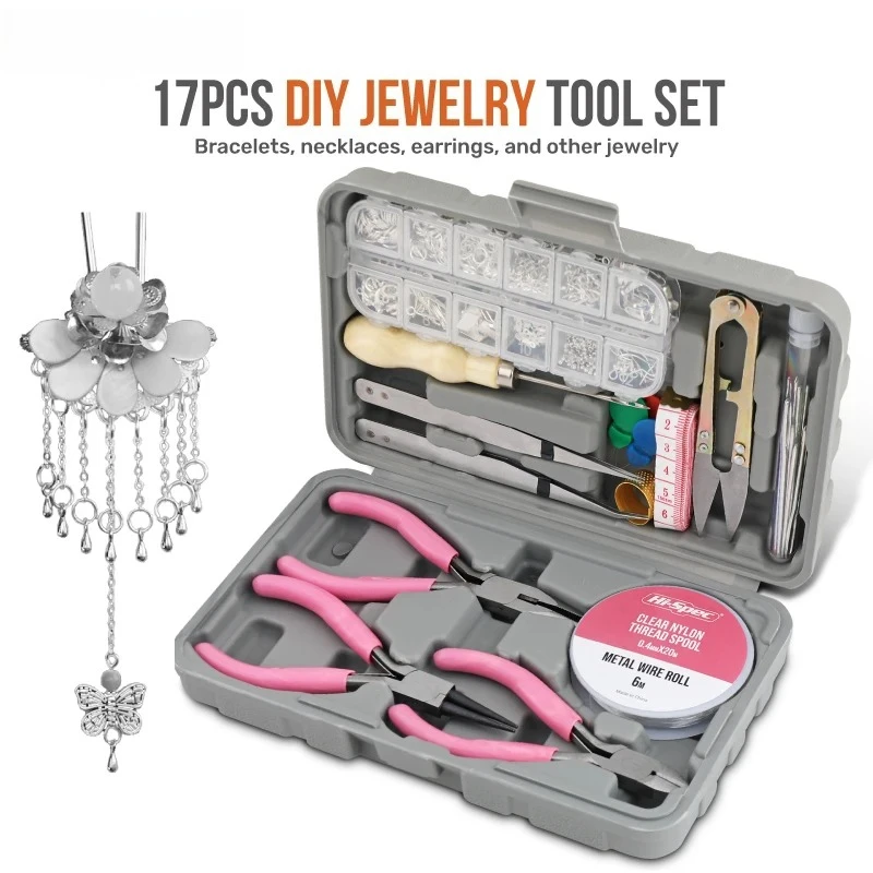 

17-Piece diy Jewelry Tool Kit Set herramientas pink with 600-Piece Jewelry Accessories Set for adult necklace diy hand Tool Kit