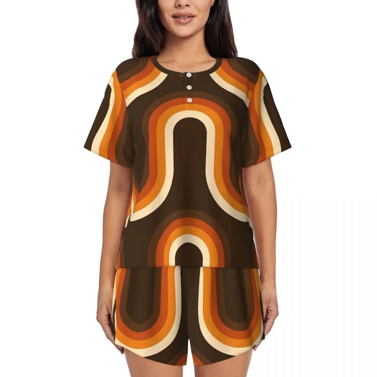 

Оранжево-коричневые пижамы с круглым вырезом и короткими рукавами в стиле 70-х годов, ночные рубашки для сна, женский свободный пижамный комплект с короткими штанами